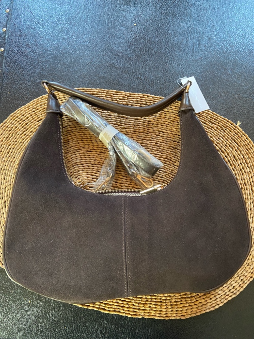 Suede Hobo Shoulder Bag in Dark Brown - Brown Polyurethane Leather back